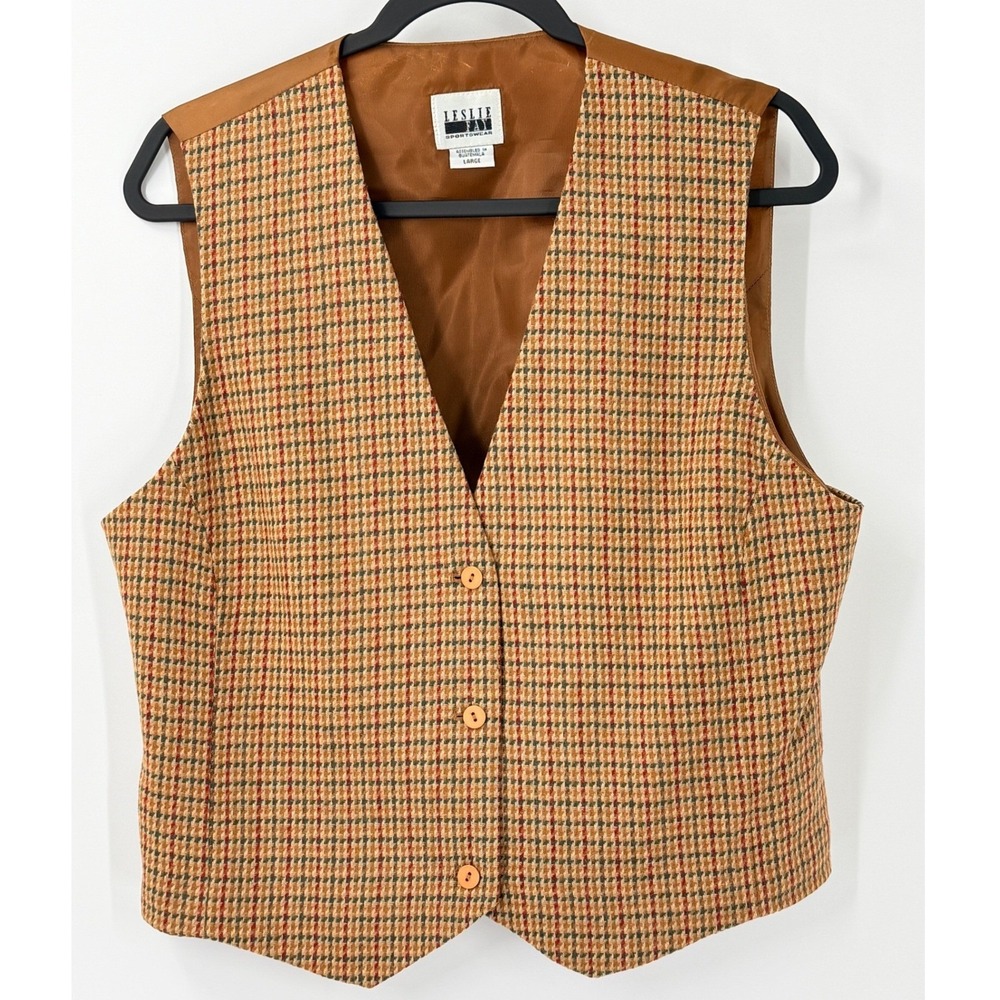VTG 90s Leslie Fay Wool Blend Plaid Vest Womens sz L Preppy Academia old money